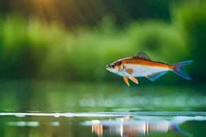 a fish is flying over a pond with grass in the background. AI-Generated photo
