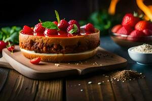 a cake with strawberries and cream on a wooden board. AI-Generated photo