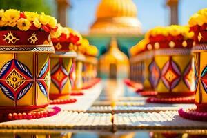 a row of colorful vases with flowers in front of a golden dome. AI-Generated photo