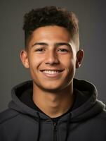 Smiling young man of Mexican descent against neutral background AI Generative photo