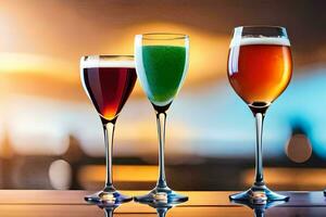 three different types of drinks in glasses on a bar. AI-Generated photo