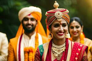 un novia y novio en tradicional indio atuendo. generado por ai foto