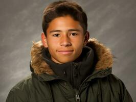 Smiling young man of Mexican descent against neutral background AI Generative photo