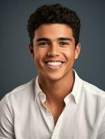 Smiling young man of Mexican descent against neutral background AI Generative photo