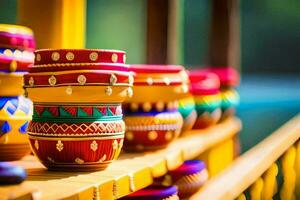 colorful pots on a shelf in a shop. AI-Generated photo
