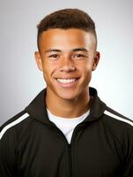 Smiling young man of Mexican descent against neutral background AI Generative photo