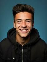 Smiling young man of Mexican descent against neutral background AI Generative photo