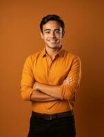 Smiling young man of Mexican descent against neutral background AI Generative photo