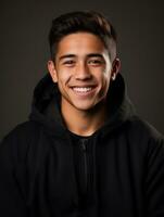 Smiling young man of Mexican descent against neutral background AI Generative photo