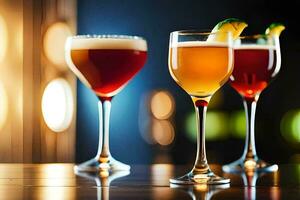 three different types of alcoholic drinks are shown on a bar. AI-Generated photo