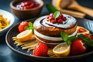 a plate with a cake, strawberries and lemon slices. AI-Generated photo