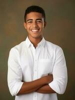 Smiling young man of Mexican descent against neutral background AI Generative photo