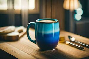 a blue mug on a table with a candle. AI-Generated photo