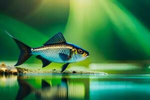 a fish is standing on the water with a green background. AI-Generated photo