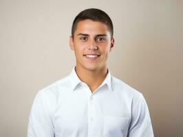 Smiling young man of Mexican descent against neutral background AI Generative photo