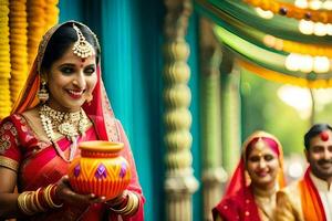 a bride in traditional indian attire holding a pot. AI-Generated photo