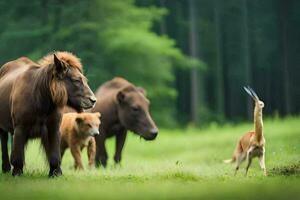 a horse and two deer in a field. AI-Generated photo