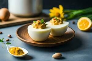 deviled eggs with a spicy curry sauce. AI-Generated photo