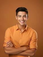 Smiling young man of Mexican descent against neutral background AI Generative photo