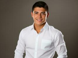 Smiling young man of Mexican descent against neutral background AI Generative photo