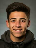 Smiling young man of Mexican descent against neutral background AI Generative photo