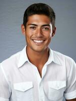 Smiling young man of Mexican descent against neutral background AI Generative photo