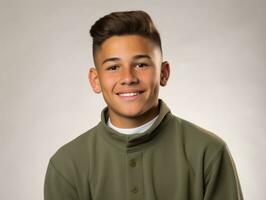 Smiling young man of Mexican descent against neutral background AI Generative photo