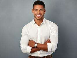 Smiling young man of Mexican descent against neutral background AI Generative photo