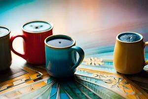 three colorful coffee mugs sit on a table. AI-Generated photo