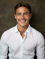 Smiling young man of Mexican descent against neutral background AI Generative photo