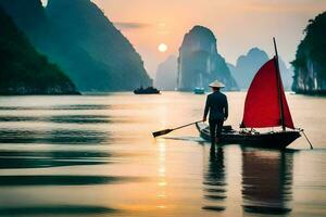 a man in a boat with a red sail at sunset. AI-Generated photo