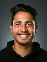 Smiling young man of Mexican descent against neutral background AI Generative photo