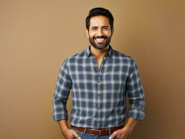 Smiling young man of Mexican descent against neutral background AI Generative photo