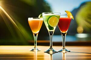 three different cocktails are shown on a table. AI-Generated photo