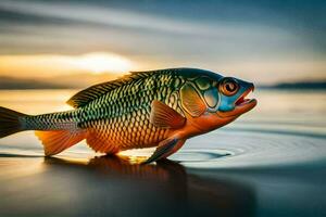 un pescado es nadando en el agua a puesta de sol. generado por ai foto