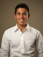 Smiling young man of Mexican descent against neutral background AI Generative photo