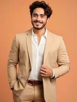 Smiling young man of Mexican descent against neutral background AI Generative photo