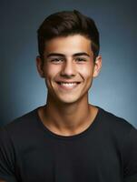 Smiling young man of Mexican descent against neutral background AI Generative photo