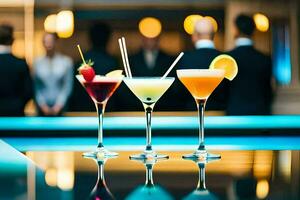 three different types of cocktails on a bar. AI-Generated photo