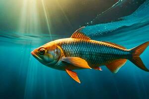 un pescado nadando en el agua con luz de sol brillante. generado por ai foto