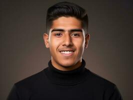 Smiling young man of Mexican descent against neutral background AI Generative photo