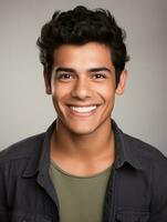 Smiling young man of Mexican descent against neutral background AI Generative photo