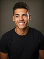 Smiling young man of Mexican descent against neutral background AI Generative photo