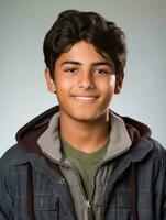 Smiling young man of Mexican descent against neutral background AI Generative photo