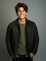 Smiling young man of Mexican descent against neutral background AI Generative photo