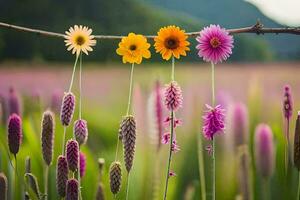 flowers hanging from a branch in a field. AI-Generated photo