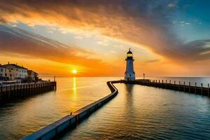 a lighthouse stands on the water at sunset. AI-Generated photo