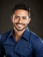 Smiling young man of Mexican descent against neutral background AI Generative photo