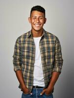 Smiling young man of Mexican descent against neutral background AI Generative photo