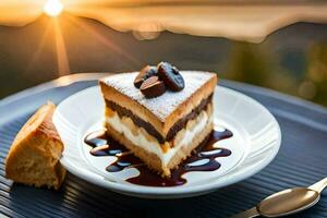 un pedazo de pastel en un plato con un cuchara. generado por ai foto